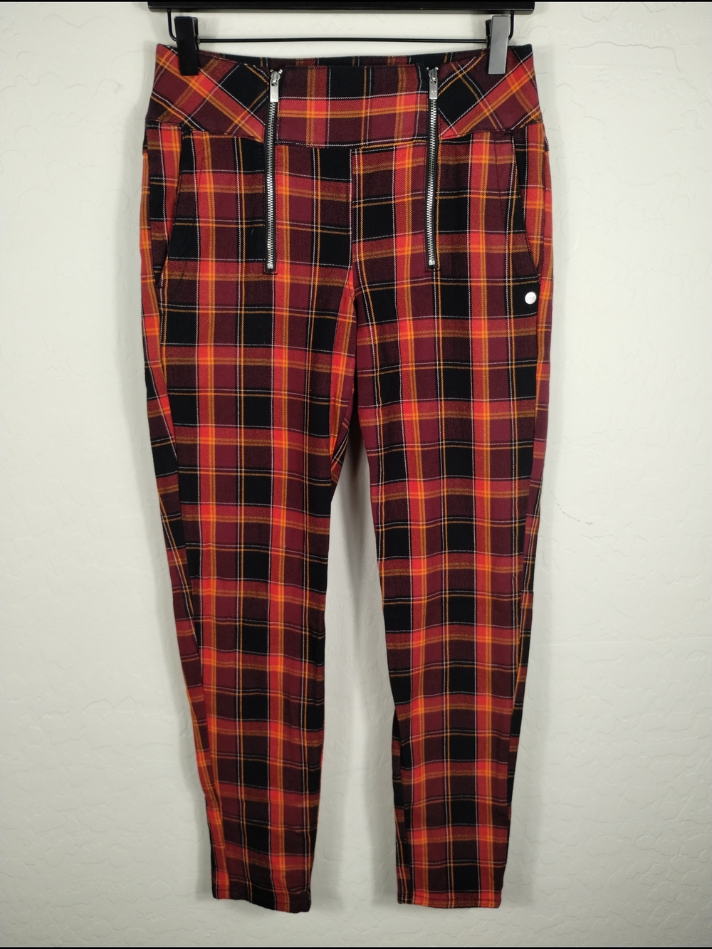 Scotch And Soda Women's Red Plaid Zip-Front Trousers